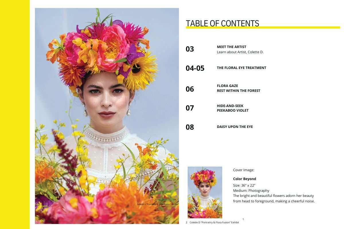 Thumbnail Image of museum exhibit brochure image of woman wearing flower crown and table of contents